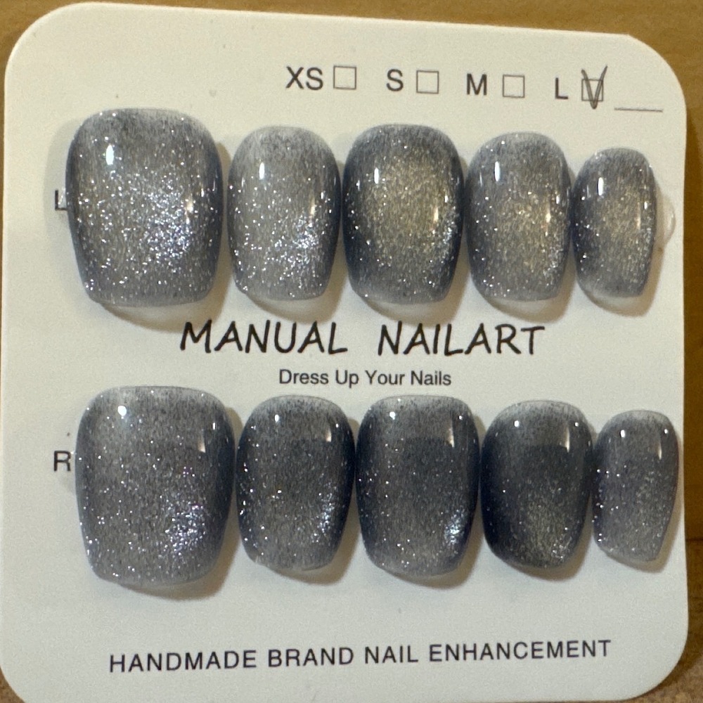 Grey Cat Eye Shimmer Press On Nails Short Square Size Large
